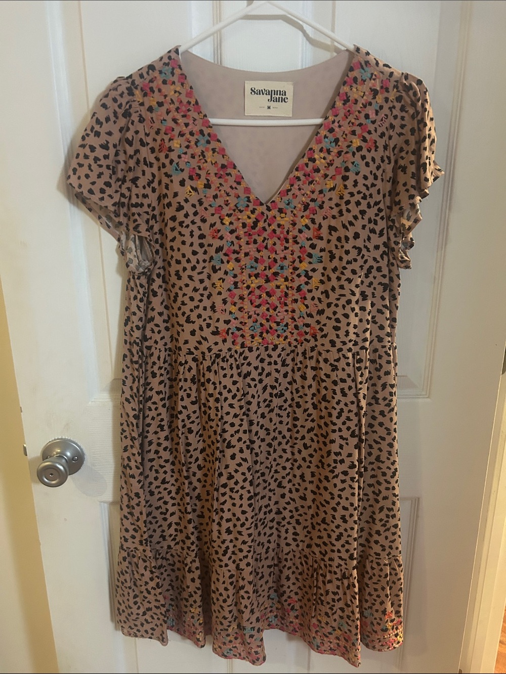 Savanna Jane Taupe Leopard Print Dress with Multicolor Embroidery